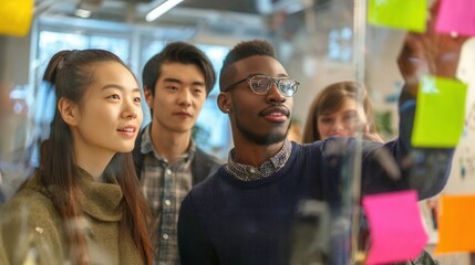 Young diverse professionals brainstorming innovative business concepts using colorful sticky notes on a clear glass board