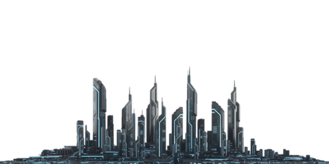 Futuristic Cityscape with Tall Illuminated Towers skyline architecture isolated on a transparent background
