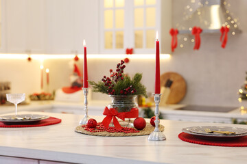 Christmas decor on countertop in kitchen. Interior design