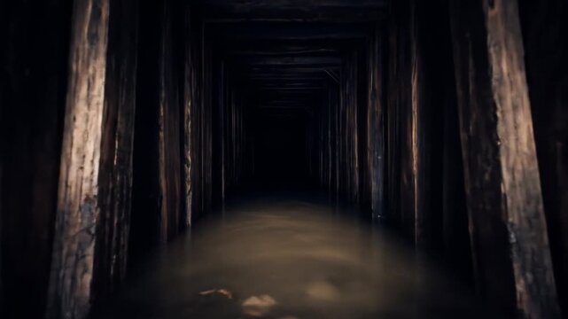 Dark, flooded mine tunnel with wooden supports, creating an eerie atmosphere, showcasing reflections on the water surface, hinting at past mining activities