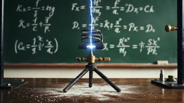 Vibrant electrical discharge illuminates a complex scientific experiment on a laboratory desk with equations
