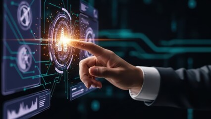 Businessman interacting with a sophisticated holographic digital interface, touching a glowing industrial icon for future technology.