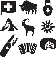 PrintSwiss culture icons featuring flag mountains animals and food