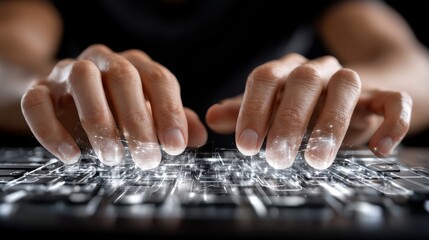 A person is typing on a keyboard with their hands
