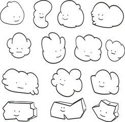 A cluster of clouds or characters with cartoonish faces and chubby figures.