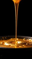 Viscous golden liquid streams into a pool of shimmering substance against a dark background