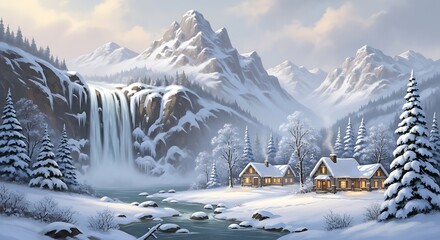 A picturesque winter landscape showcases snow-covered mountains, a cascading waterfall, and cozy cabins nestled in a serene valley.