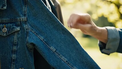 Hand gently touching blue denim jacket sleeve outdoors