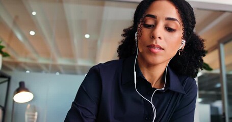 Earphones, video call or face of woman in office for hiring, online interview or listen to question response. Recruiting, pov or hr consultant with tech for conversation, talent sourcing or low angle