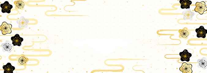 金銀の梅の花と日本のいろいろな伝統模様を組み合わせた華やかな背景イラスト