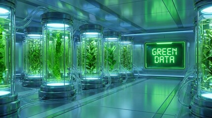 Green data, plants growing in transparent tubes, futuristic lab