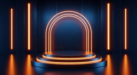 Dark Tiered Podium with Orange Neon Arches, Futuristic Abstract Geometric Stage Display: Gaming Event Showcase, Tech Product Presentation, Intense Vertical Backdrop.