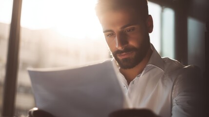 A focused young businessman thoughtfully reviews important documents in a sunlit modern office environment
