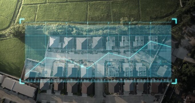 Overhead view of housing development overlay with progress data graphics, representing real estate analysis, land planning, construction progress, market demand and supply trends.