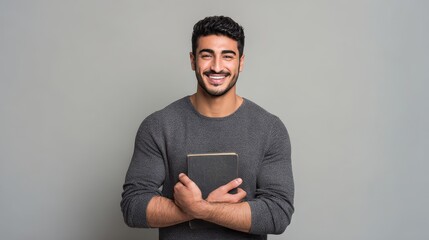 Enthusiastic young man holding a digital tablet representing modern business concepts and innovative learning strategies