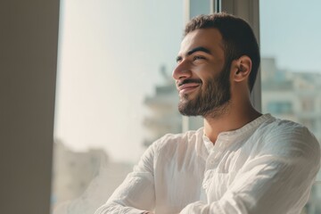 A smiling young professional looks out a bright window thinking about successful business concepts