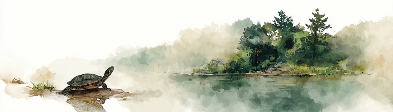 A serene watercolor depicting a turtle resting on a rock, surrounded by misty water and lush greenery, evoking a peaceful natural setting.