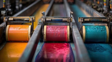 Vivid paint rollers dispensing bright colors in an industrial setting, showcasing the blending of artistic and mechanical processes.