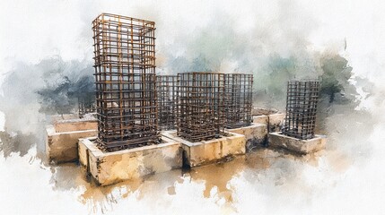 An artistic depiction of construction rebar structures set on concrete bases, showcasing the early stages of building preparations in a soft, watercolor style.