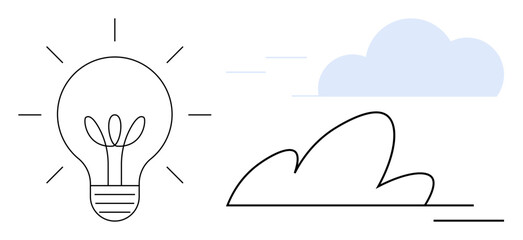 Innovation, creativity, idea generation, abstract design, concept development, minimalist design. A simple line drawing of a light bulb and cloud. Innovation and creativity illustrated