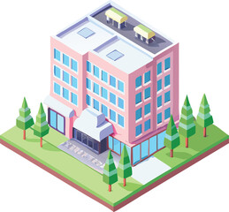 Vector isometric illustration set of urban city business and residential buildings, homes, street map, and tree construction icons