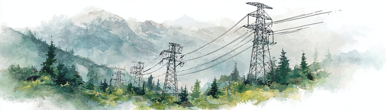 A serene landscape featuring mountains and forest, with power lines stretching across the scene, blending nature and technology in a harmonious composition.