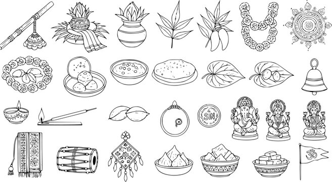 Black and White Line Art Icons Set of Hindu Puja Ritual Items, Deities, Sweets, and Traditional Indian Festival Elements. Cultural Symbols for Religious Ceremonies and Celebrations.