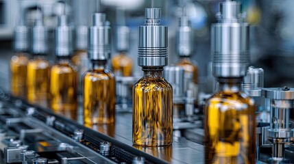 A close-up of a production line featuring amber bottles, indicating a modern manufacturing process in the beverage or pharmaceutical industry.