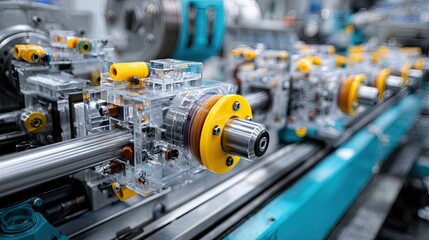 A close-up of intricate machinery components, showcasing transparent parts and vibrant colors, emphasizing precision engineering in a manufacturing setting.