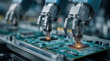 Advanced robotic arms assembling circuit boards in a high-tech manufacturing environment, showcasing automation in electronics production.