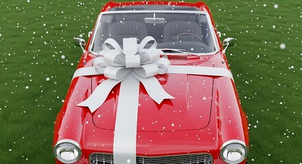 A classic red convertible car, adorned with a large white ribbon and bow, sits on a grassy field, amidst falling snow.