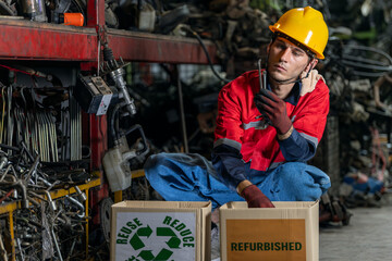 Refurbishing recycling auto parts worker labor in sustainable repair industry Worker sorting used mechanical components for reuse. technician assessment inspection secondhand recycled materials