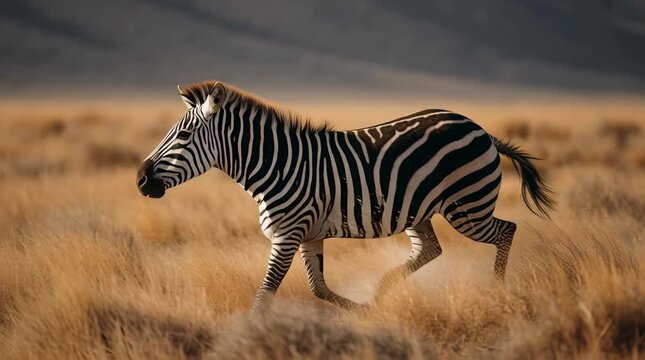 Zebra running through tall golden grass under warm sunlight