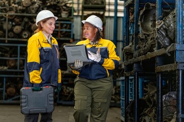 Two female engineers in safety gear inspecting car parts inventory. workers technical walking old...