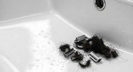 Close-up of freshly cut dark beard clippings and trimmer guards scattered in a clean white sink with water drops, illustrating a personal grooming and daily hygiene concept