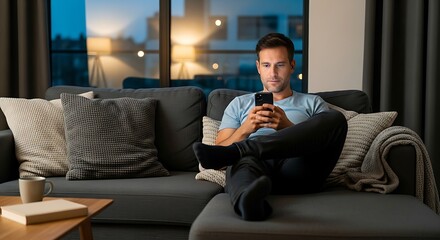 A man relaxes on a dark gray sofa, engrossed in his smartphone at night.