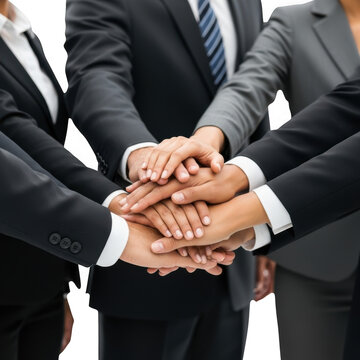 Teamwork and unity business professionals stacking hands in a huddle isolated on transparent background
