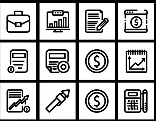 Set of financial and business icons in a clean, modern line art style, representing concepts like investment, analysis, and accounting