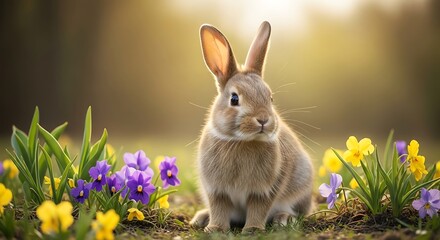 A charming bunny sits amongst vibrant yellow and purple flowers in a sunlit spring meadow.