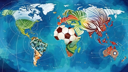 Global Soccer: A vibrant, artistic depiction of the world map integrates a soccer ball, symbolizing the global reach of the sport and the interconnectedness of nations.