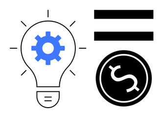 Light bulb with gear, equal sign, and dollar symbol conveying innovation, strategy, and financial growth. Ideal for business, entrepreneurship, creativity, problem-solving investments efficiency