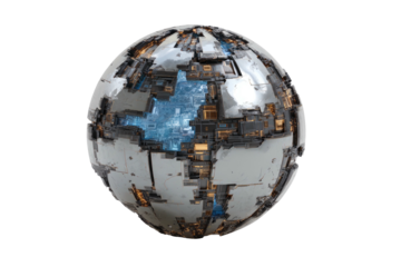 Complex metallic sphere, blue glow, intricate details