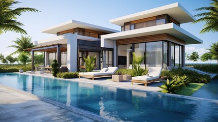 Fototapeta premium A modern luxury villa with a large swimming pool and lounge chairs, surrounded by tropical greenery