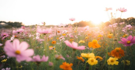 Field of colorful wildflowers blooming in soft golden sunlight