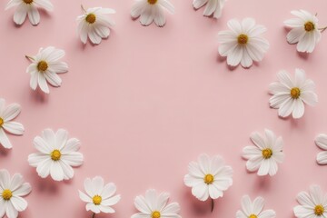Soft pink background with white daisy flowers arranged in a circle
