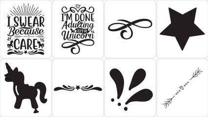 Black and white vector design elements including motivational quotes, whimsical sayings, unicorn silhouettes, stars, arrows, and decorative swirls for creative projects.