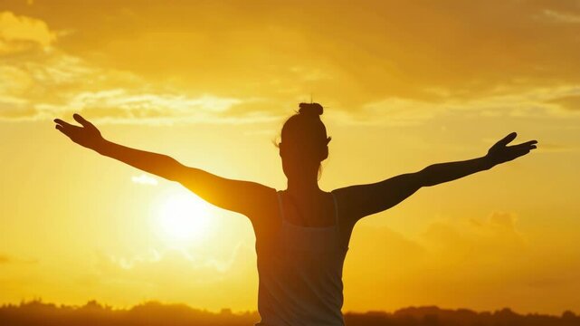 A person stretching their arms wide open towards the sunset.