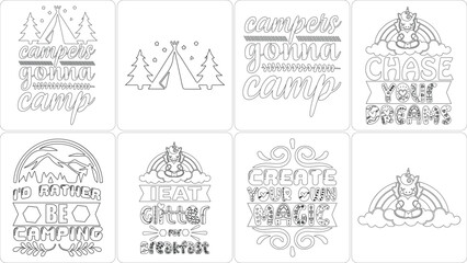 Set of 8 Coloring Pages for Kids and Adults: Camping Adventures, Cute Unicorns, Nature Scenes, and Inspirational Quote Line Art