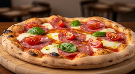 A close-up view of a delicious pizza, showcasing its crispy crust, melted mozzarella, savory salami, and fresh cherry tomatoes.