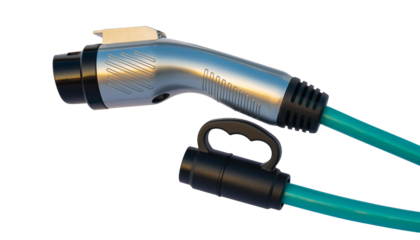 Close-up of an electric vehicle charging cable with a silver connector and teal cord on a white background, ready for use.